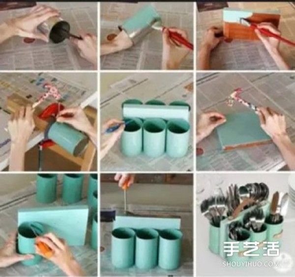 Use DIY handmade kitchen utensil shelves from iron can waste