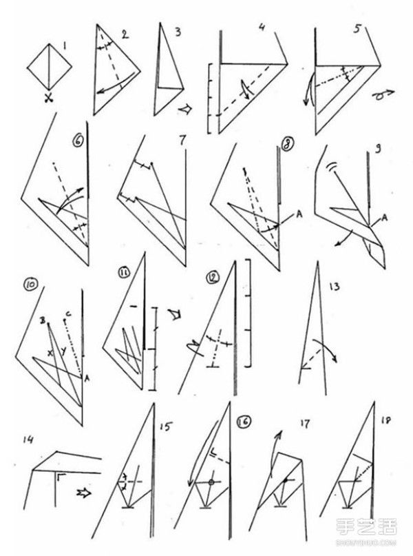 The origami diagram of a complex cat, the folding steps of a three-dimensional sitting cat