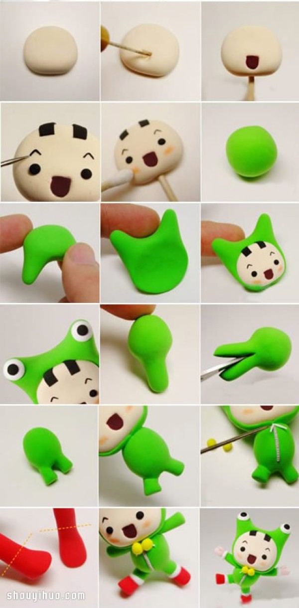 How to make a clay doll of a little boy in a frog suit, step by step