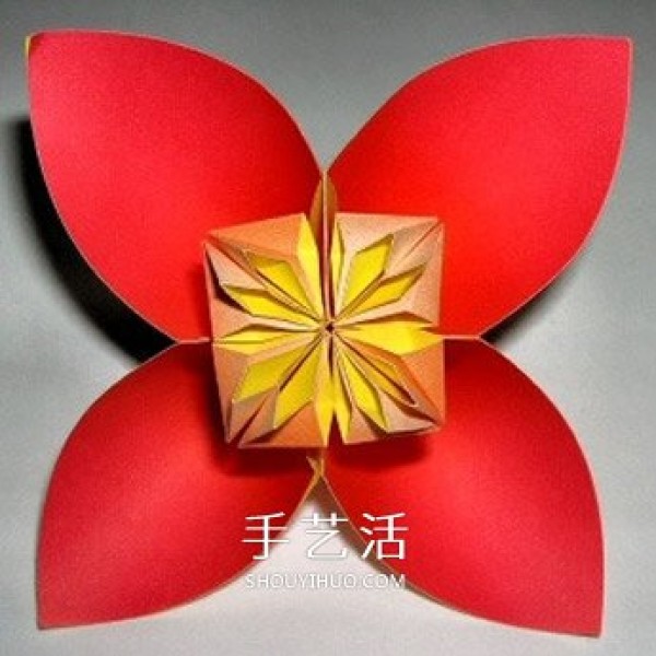 Illustration of the origami method of six four-petal flowers combined into beautiful flower balls