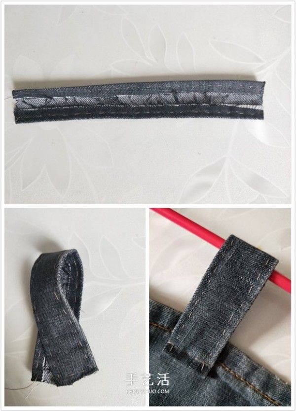 Illustration of a DIY method to make a wall-mounted storage bag from waste jeans