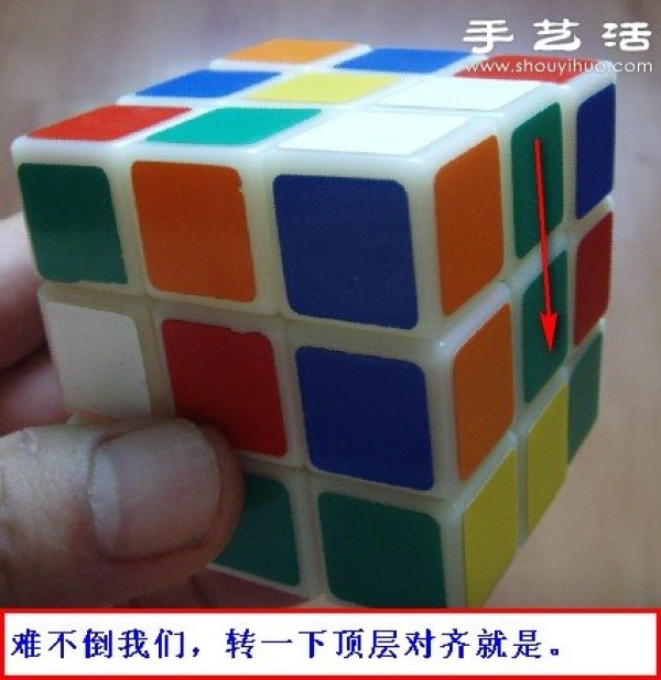 Illustration of a simple method to complete the Rubiks Cube cross with the bottom side down