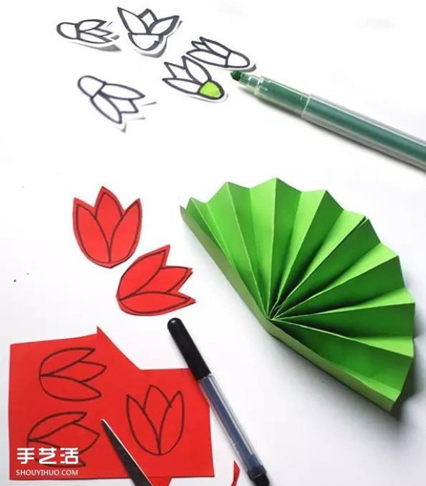 Tutorial of simple origami flower bushes with handmade pictures of childrens flower garden