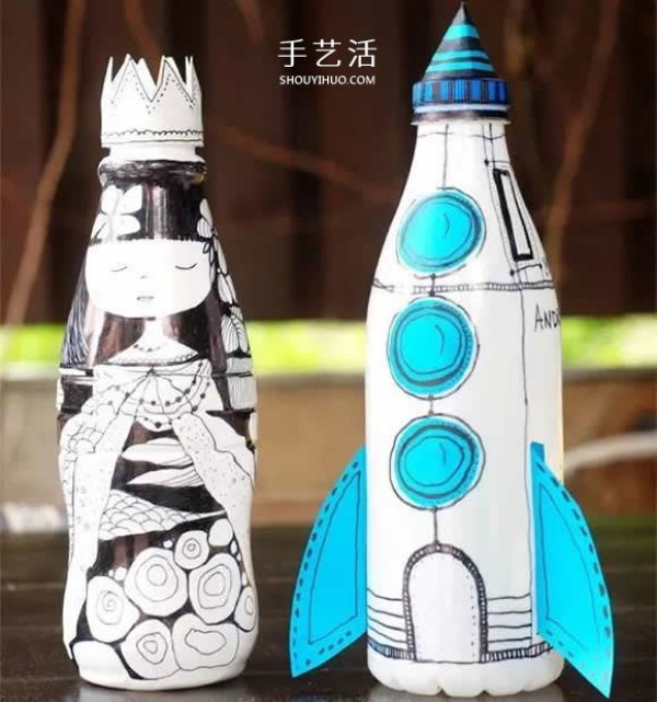 How to make a handmade cartoon rocket piggy bank with a milk bottle