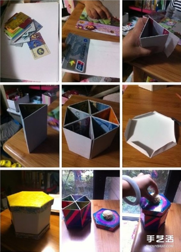 Illustrated tutorial on how to make hexagonal storage tanks out of waste cards