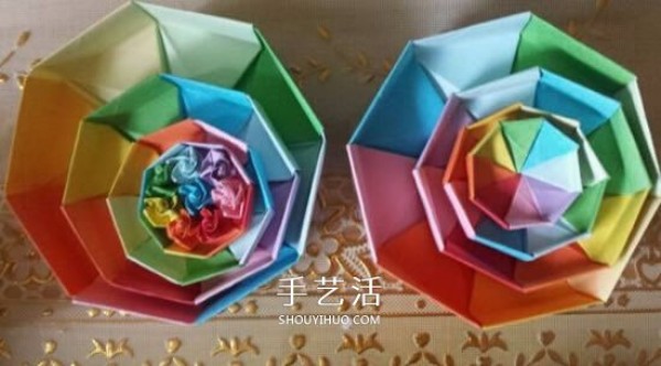 How to fold an octagonal paper box and illustrate the steps for making an origami rainbow box