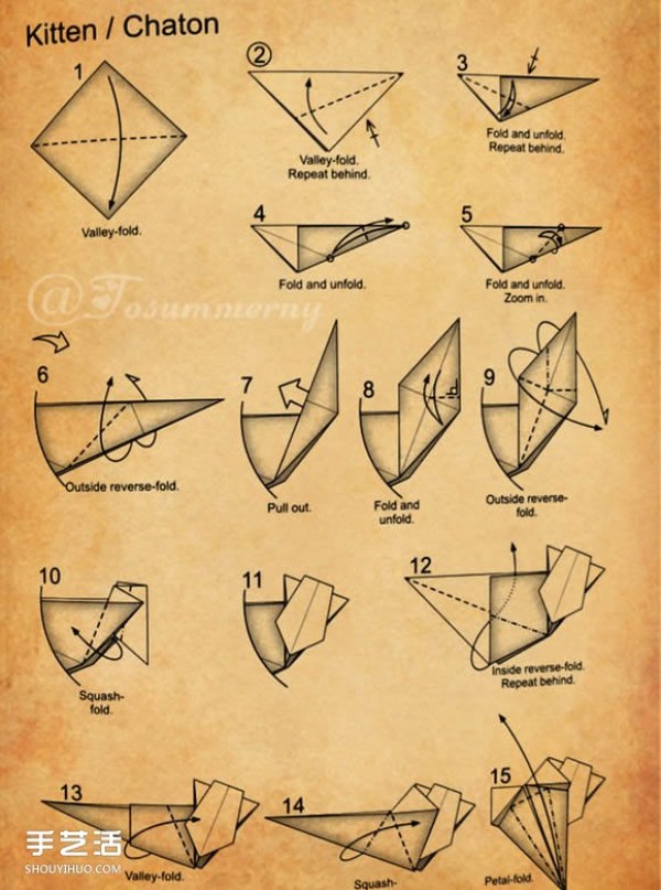 The cat family origami step-by-step diagram, how to fold a three-dimensional cat by hand