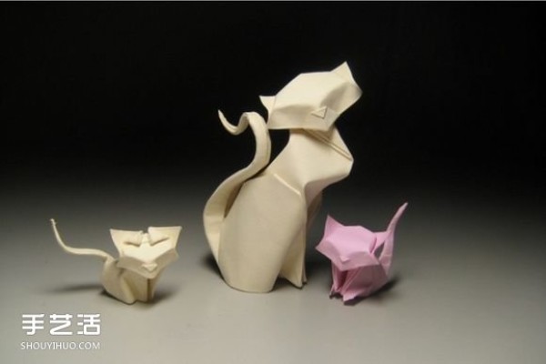 The cat family origami step-by-step diagram, how to fold a three-dimensional cat by hand