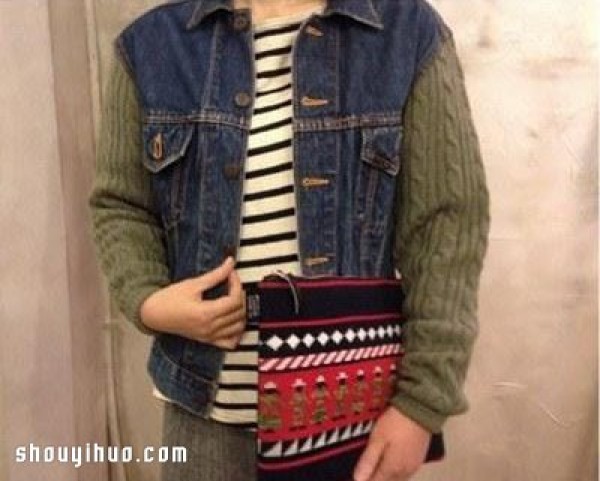 Old denim jacket + sweater handmade transformation DIY personalized warm jacket