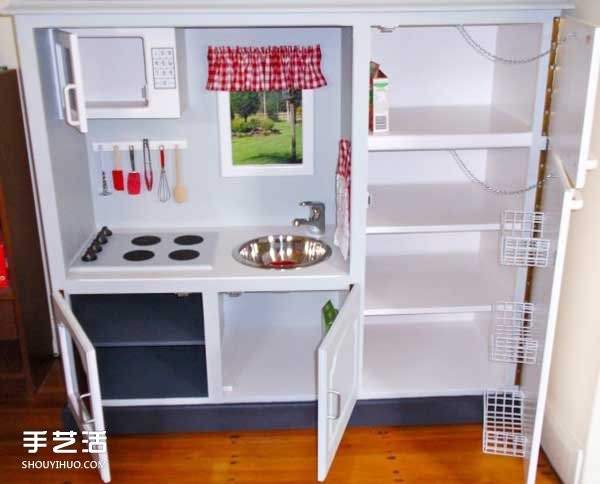 An illustrated tutorial on how to DIY an old TV cabinet to transform a childrens toy kitchen