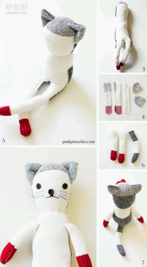 Illustrated tutorial on how to make cute cat puppets with socks