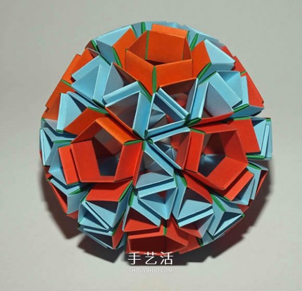 Illustration of the steps of hand-made origami Snapology ball using paper strips to make a sphere