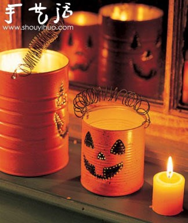 DIY pumpkin lanterns from waste plastic bottles, iron cans and glass bottles