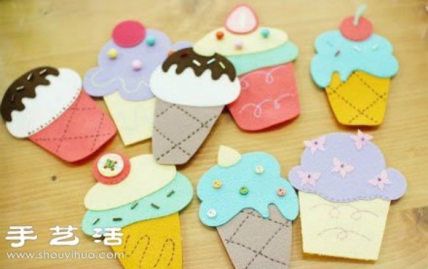 A fabric art tutorial for making small ice cream decorations from non-woven fabrics