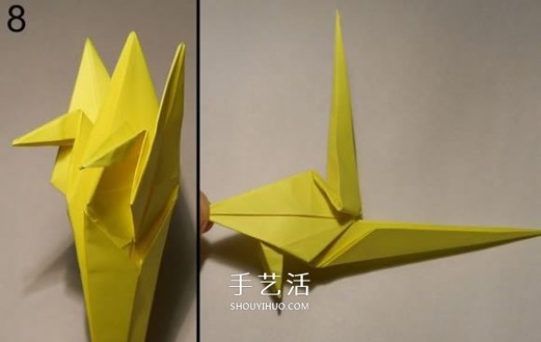 Illustration of the origami method of a three-dimensional pelican that likes to prey on fish