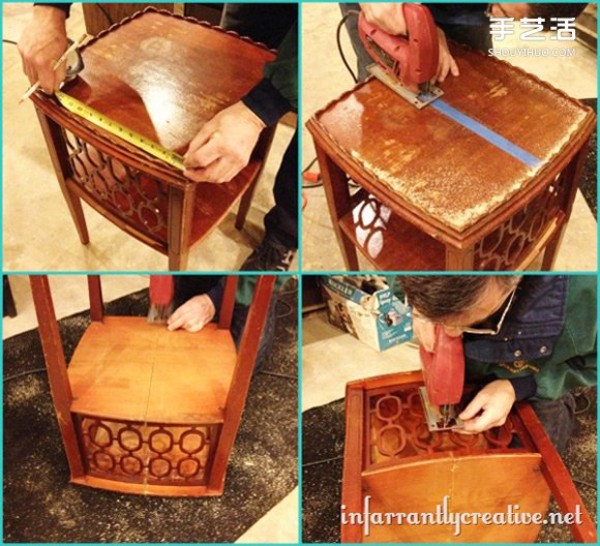 The steps to transform an old table into DIY wall cabinet shelves are super simple