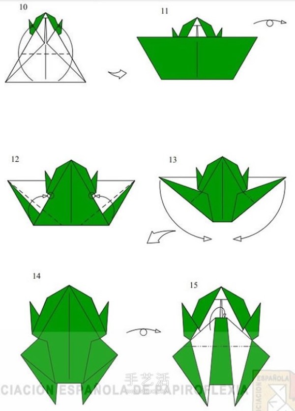 The steps of folding a three-dimensional tree frog, the origami method of a realistic tree frog, the illustration