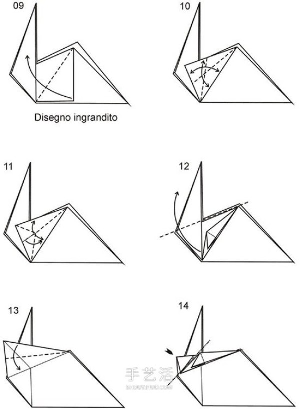 Step-by-step diagram of folding three-dimensional lizard, process of hand-made origami lizard