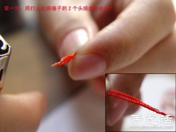 Illustration of how to braid a red rope necklace