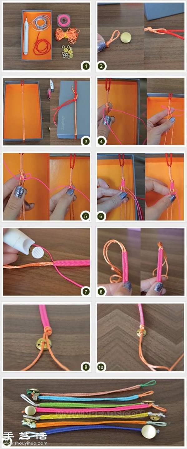 Illustration of how to braid a solid-color fishtail-shaped bracelet with two-strand ropes