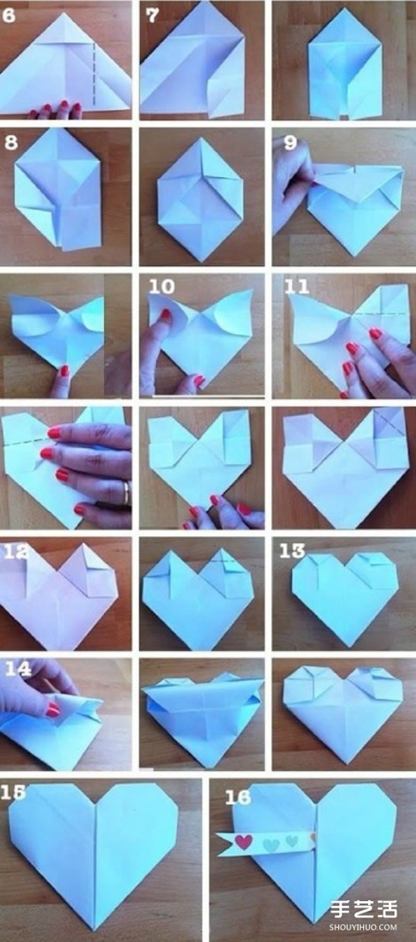 How to make a square paper origami heart, step by step diagram of folding a paper heart