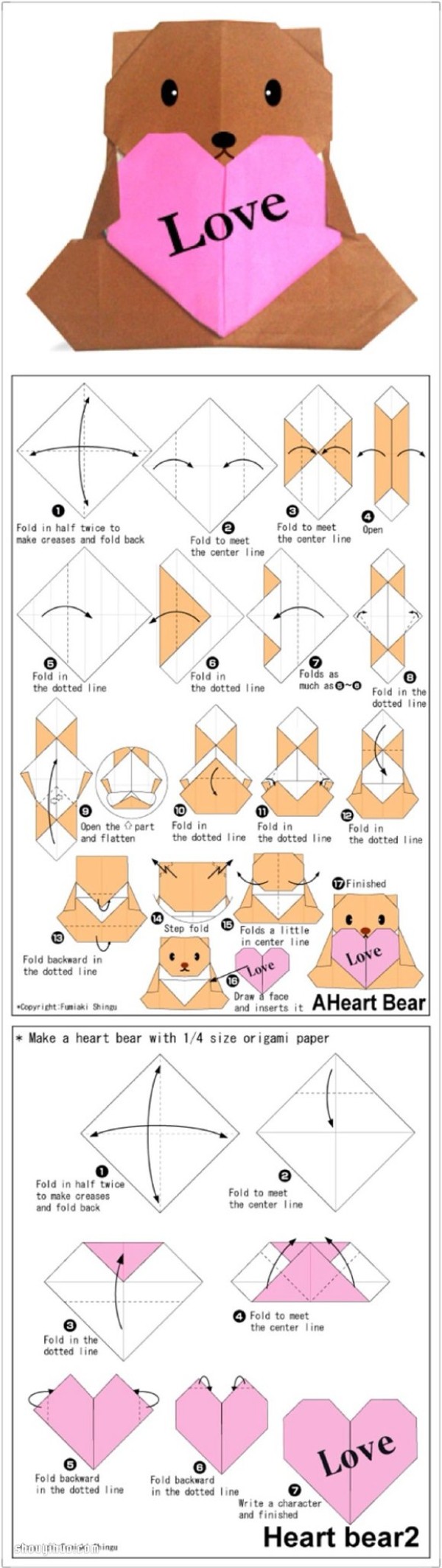 Six ways to make origami hearts, illustrated with steps to make handmade origami hearts