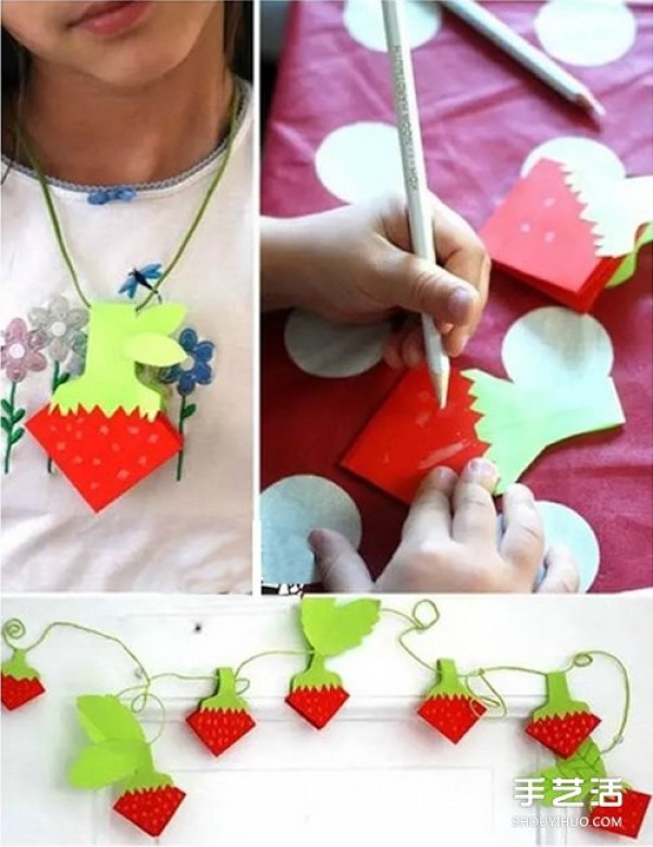 Illustrations on how to fold origami strawberries for children can be used as wall decorations or necklaces