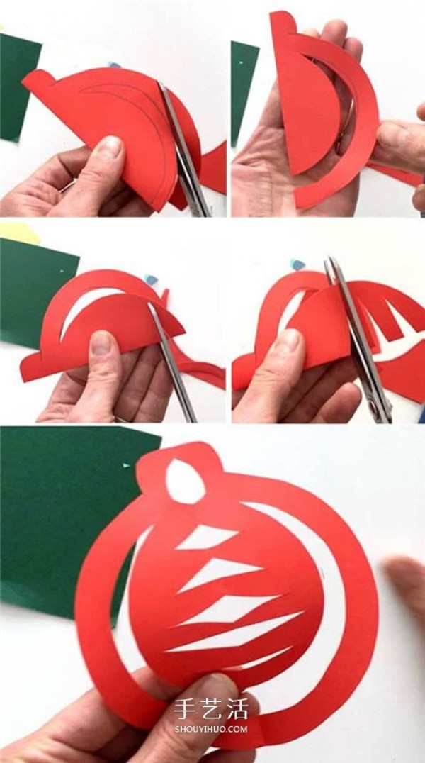 Illustration of how to make hand-cut paper Christmas balls in kindergarten