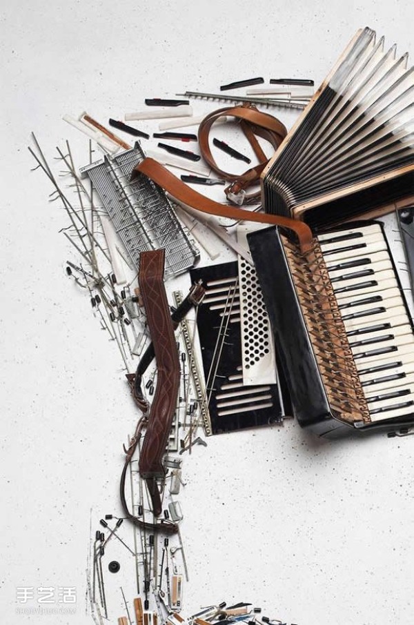 Twenty thousand parts from an old accordion were disassembled into portraits