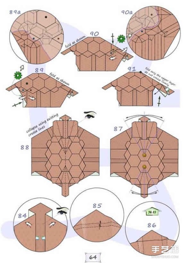 Super difficult origami turtle tutorial with illustrations of folding a realistic three-dimensional turtle