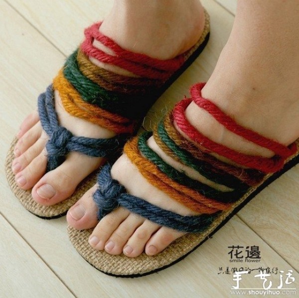 DIY rainbow slippers with hemp rope and cloth soles