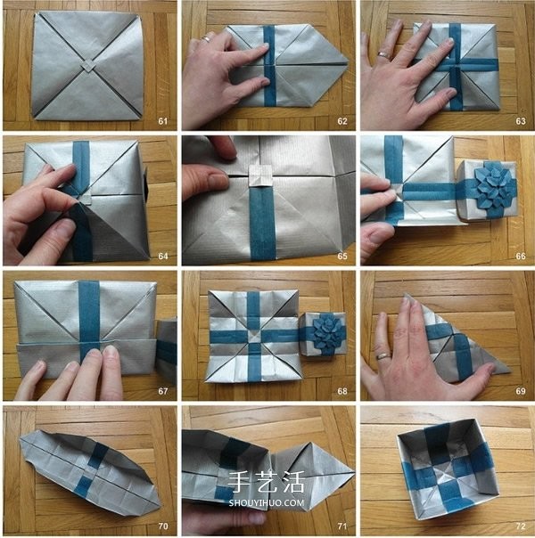 Illustration of folding method of origami gift box with lid and beautiful hydrangea gift box