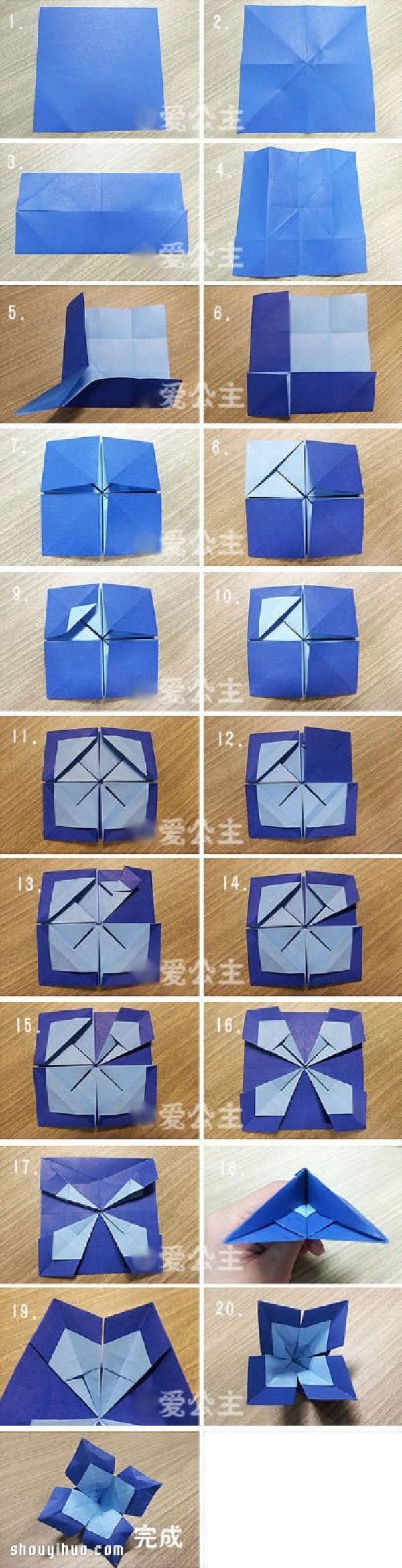 A two-color four-leaf flower with an illustration and a handmade origami four-leaf flower tutorial