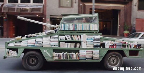 An old car was converted into a tank and turned into a mobile library