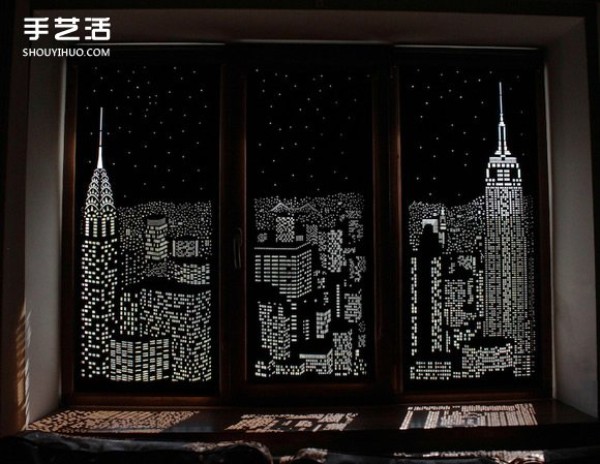 Ukrainian handmade city silhouette curtains engraved with limited day and night scenes