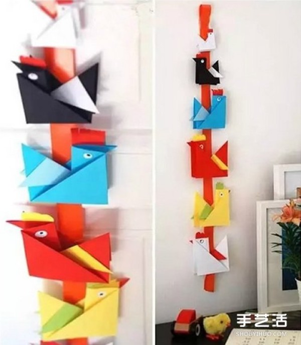 Childrens origami rooster method and illustration of folding three-dimensional rooster