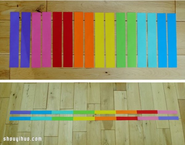 Illustrated tutorial on the folding method of a simple origami rainbow spring for children