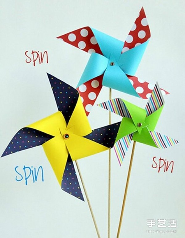 Handmade origami windmill illustrated tutorial, simple process of making a windmill for children