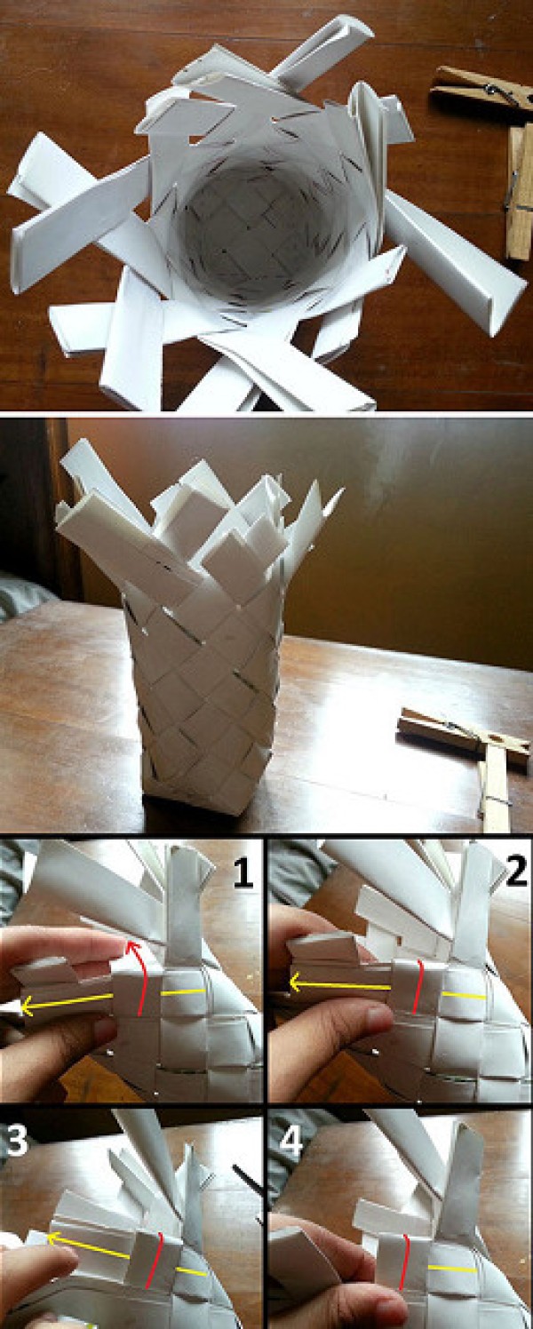 Detailed step-by-step picture of how to make a storage tube/pen holder from paper strips