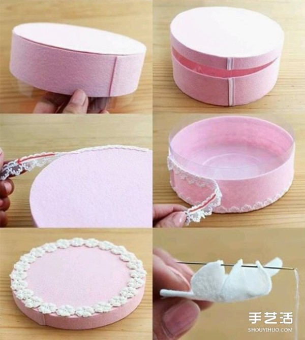 Use round plastic box waste to DIY to make cake-shaped jewelry box