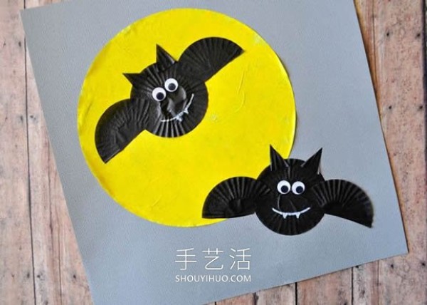 Illustration of how children make handmade Halloween bat greeting cards