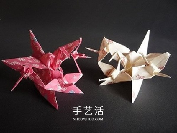 Illustration of how to fold the conjoined paper cranes to make three conjoined paper cranes from one piece of paper. Paper crane