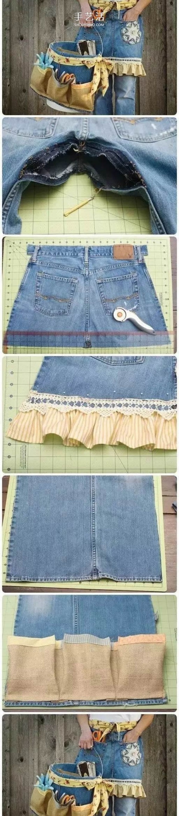 Illustration of the steps to make old clothes into aprons. Don