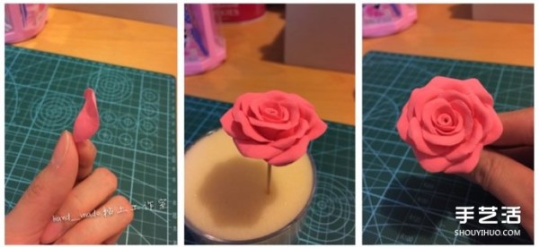 DIY tutorial on how to make clay roses with illustrations of making clay roses