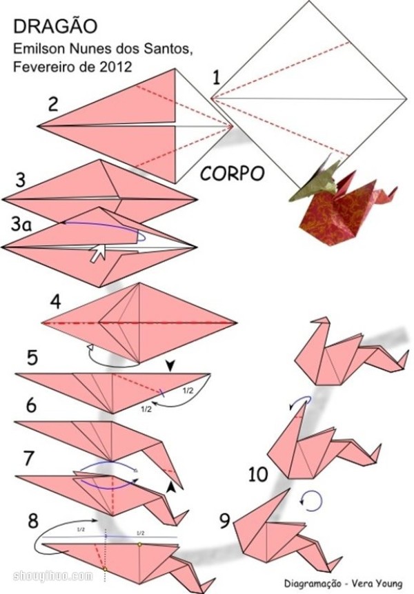 The origami method of dragon and the illustration of the folding method of the Western dragon by hand