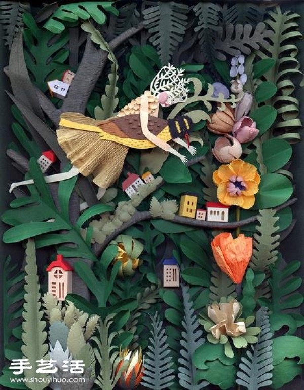 Three-dimensional and exaggerated paper model works combine a variety of handcrafted techniques