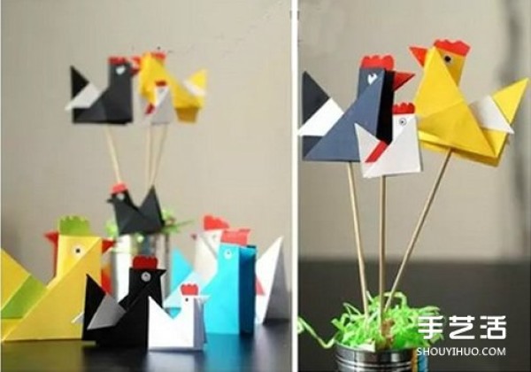 Childrens origami rooster method and illustration of folding three-dimensional rooster