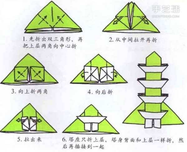 How to fold origami pagodas for young children, illustrated tutorials on how to fold handmade pagodas