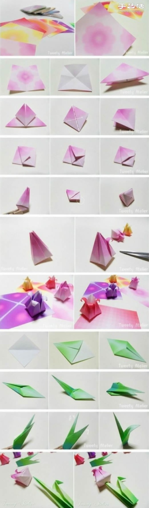 An illustrated tutorial on how to make origami budding lilies and paper flowers