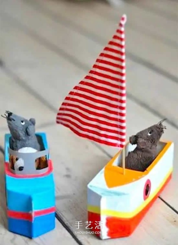 A handmade picture of making a boat out of a waste milk box, an illustration of a handmade picture of a childrens toy boat